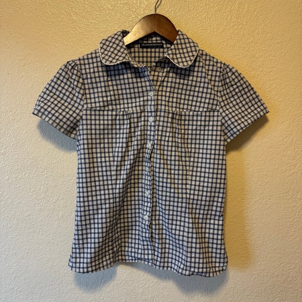 Brandy Melville Blue White Plaid Button Up Short Sleeve Top